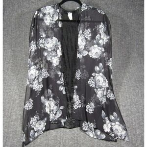 Vtg Deb Sheer Vest Womens L/XL Black Gray Dark Floral Lace Shark Bite Hem‎ Flowy